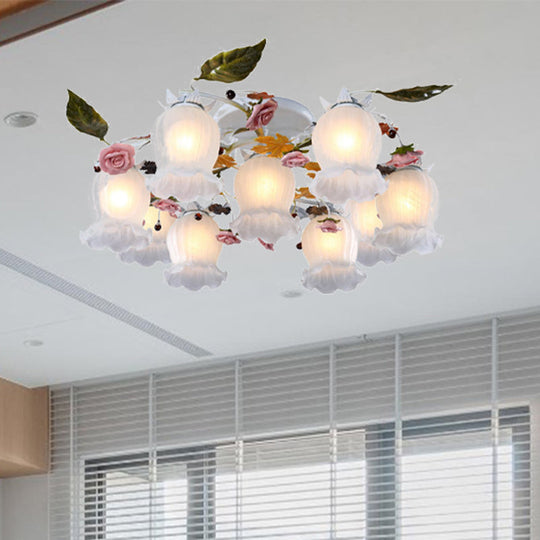 Bloom Korean Garden Metal White Semi Flush Ceiling Lighting Fixture - 7/9 Bulbs