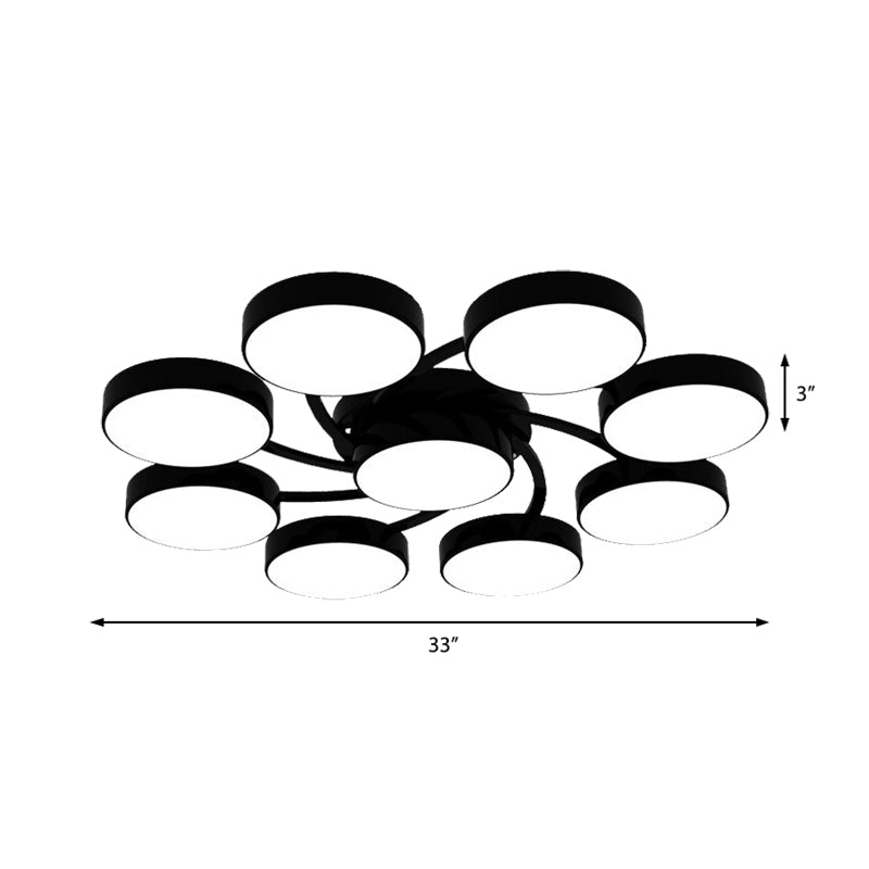 Nordic Style Ceiling Light with Black/White Drum Shade - 3/6/9 Heads - Acrylic Semi Flush Mount for Living Room