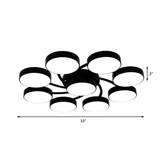 Nordic Style Ceiling Light with Black/White Drum Shade - 3/6/9 Heads - Acrylic Semi Flush Mount for Living Room