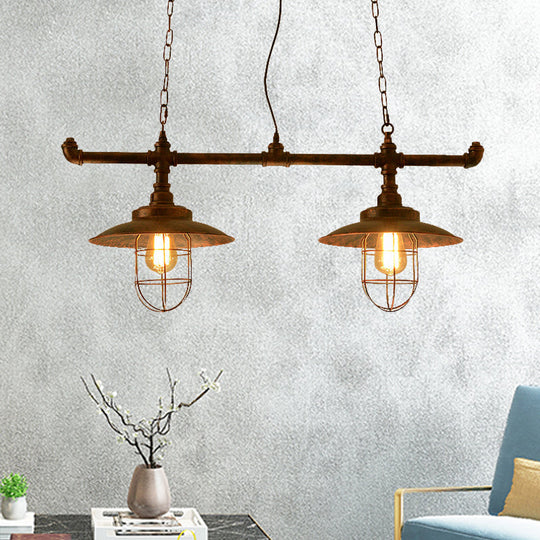 Wire Guard Hanging Light With Pipe Design - 2-Light Weathered Copper Iron Island Lighting

Note: