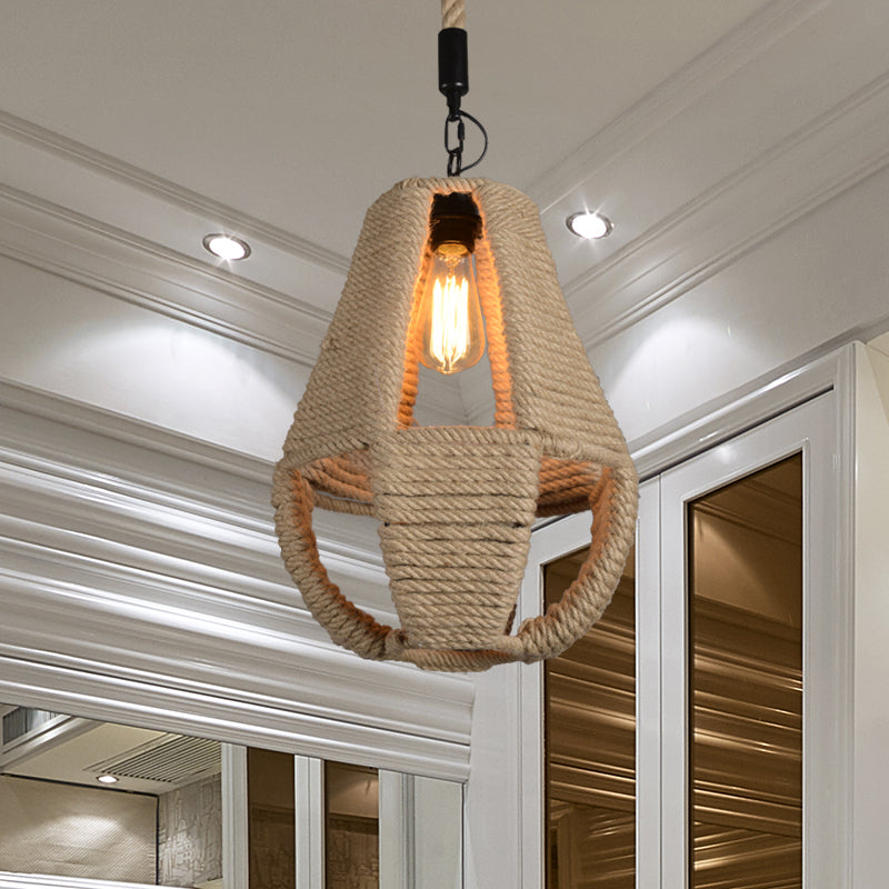 Industrial Beige Rope Pendant Lighting Kit For Coffee House - 1-Light Pear Shape Hanging Lamp