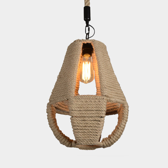 Industrial Beige Rope Pendant Lighting Kit For Coffee House - 1-Light Pear Shape Hanging Lamp