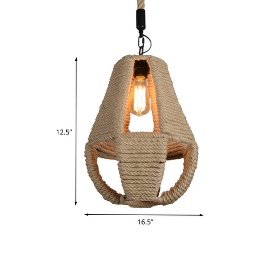 Industrial Beige Rope Pendant Lighting Kit For Coffee House - 1-Light Pear Shape Hanging Lamp