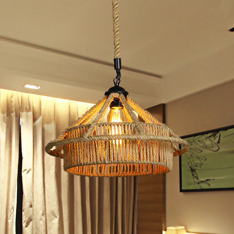 Vintage Beige Straw Hat Shape Rope Ceiling Pendant Light - Coffee Shop Hanging Lamp