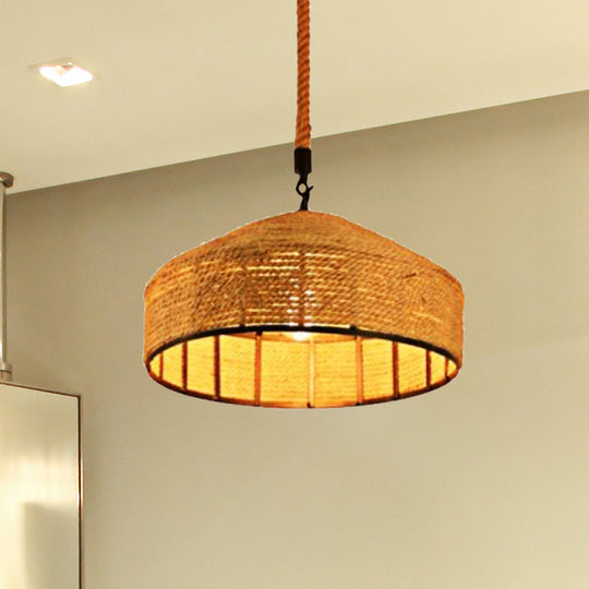 Beige Pendant Light Fixture - Hand-Woven Mongolian Yurts Design with Antiqued Rope - 12"/16"/19.5" Wide