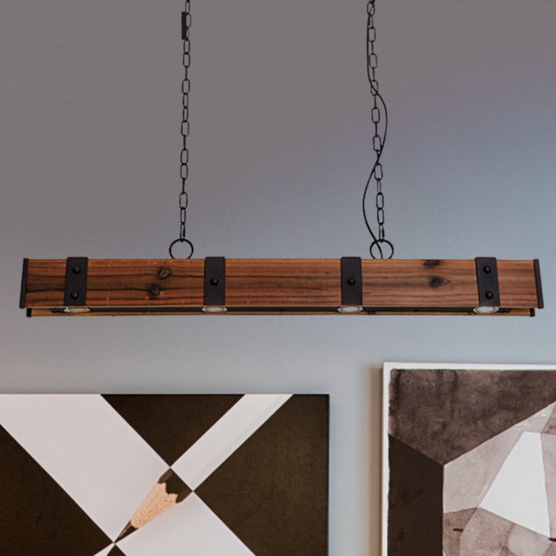 Wood Beam Down Light Kitchen Island Lighting - Lodge Style With 4 Lights And Chain Black Finish