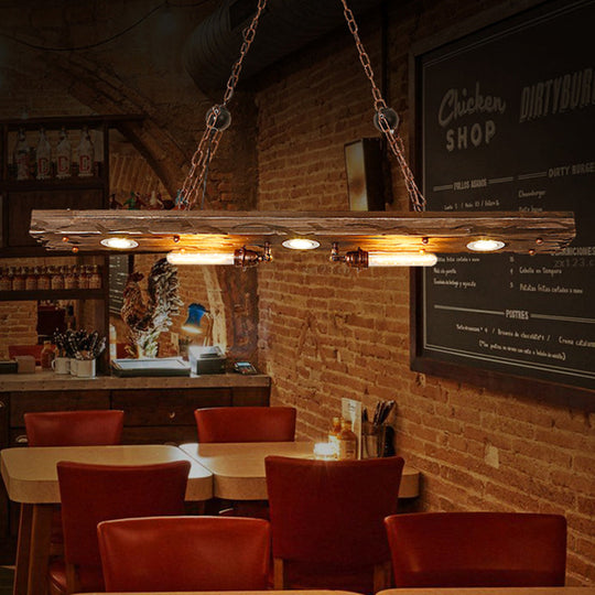 Rustic 5-Light Linear Hanging Lamp With Wood Board - Island Pendant Light For Restaurants