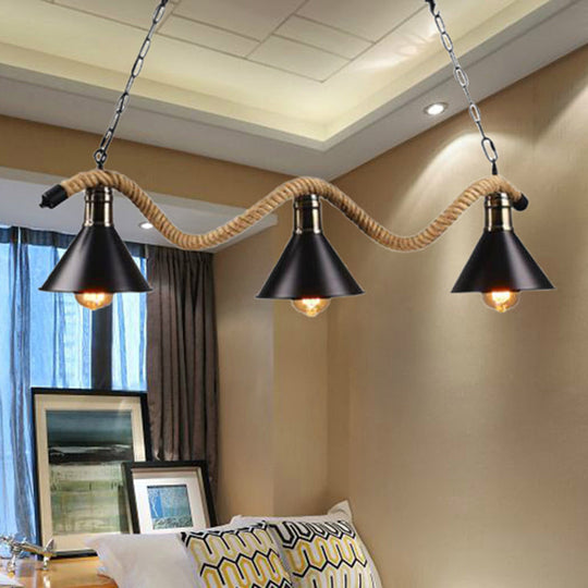 Black Metal & Rope Pendant Light - Farmhouse Style With Wavy Conic Design 3/5 Bulbs