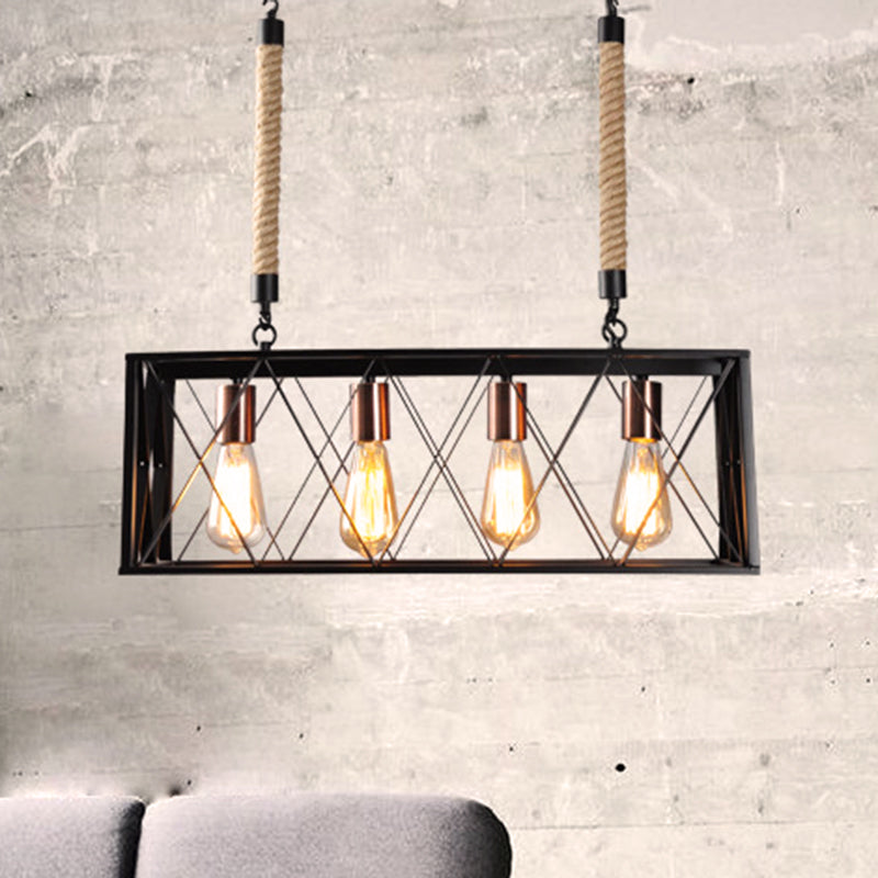 X-Cage Shade Vintage Industrial Linear Metal Island Pendant Light With 4 Bulbs In Black - Ideal For