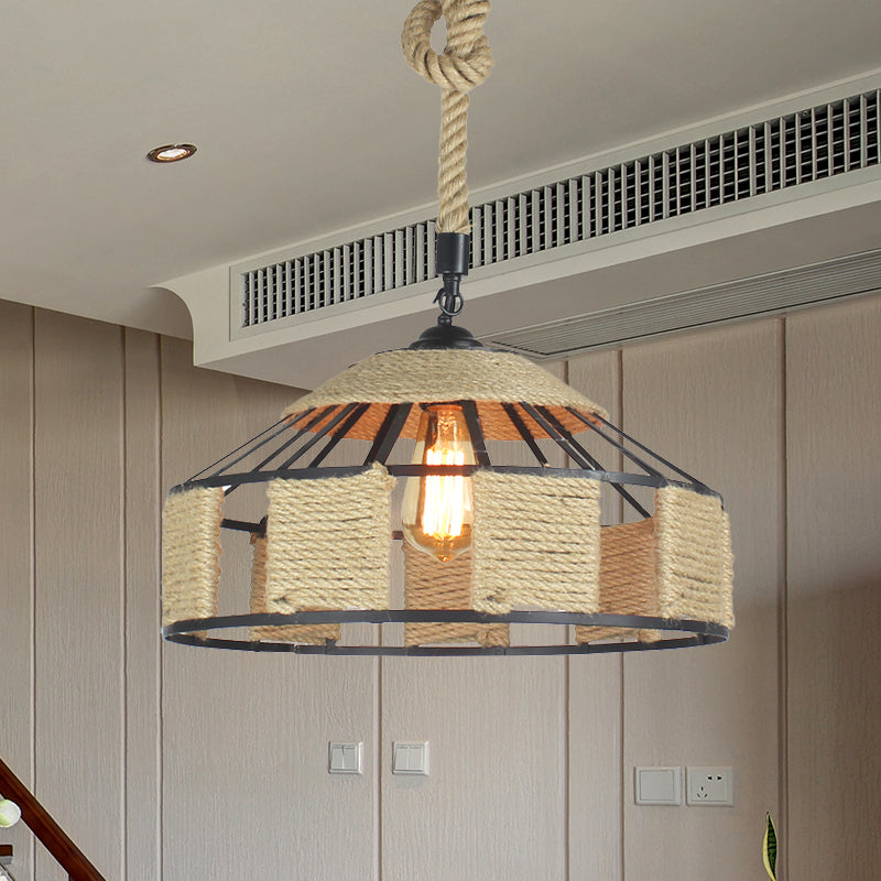 Beige Hanging Light Kit With Knots Cord - 1-Bulb Farmhouse Pendant Ceiling Lamp Rope Design