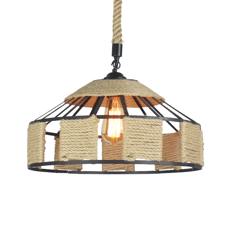 Farmhouse Pendant Ceiling Lamp - Beige Rope Hanging Light Kit for Mongolian Yurts with Knots Cord - 1-Bulb, 3 Sizes (12"/16"/19.5")