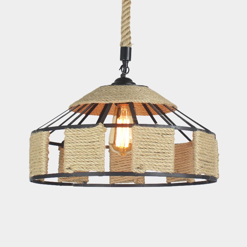 Farmhouse Pendant Ceiling Lamp - Beige Rope Hanging Light Kit for Mongolian Yurts with Knots Cord - 1-Bulb, 3 Sizes (12"/16"/19.5")