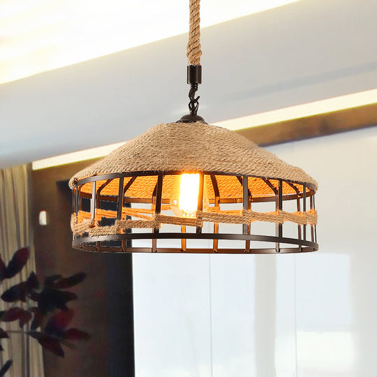 Mongolian Yurts Vintage Rope Pendant Light Fixture - Beige With Wire Cage (12/16/19.5 W)