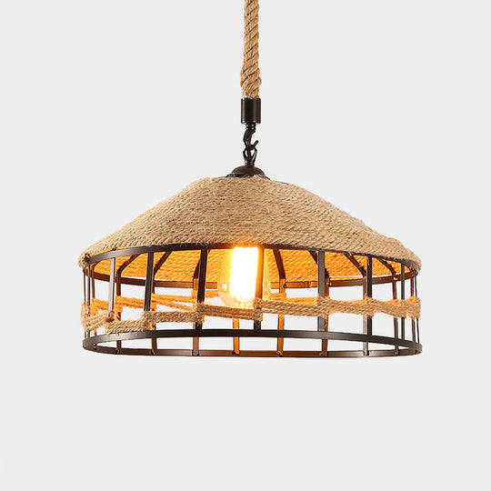 Mongolian Yurts Vintage Rope Pendant Light Fixture - Beige With Wire Cage (12/16/19.5 W)