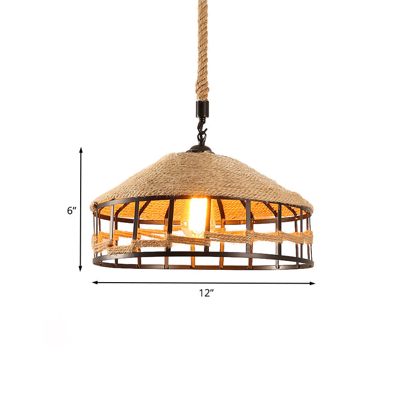 Mongolian Yurts Vintage Rope Pendant Light Fixture - Beige With Wire Cage (12/16/19.5 W)