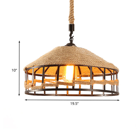 Mongolian Yurts Vintage Rope Pendant Light Fixture - Beige With Wire Cage (12/16/19.5 W)