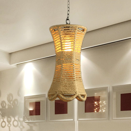 Beige Radian Pendant Lamp With Vintage Rope - Hand-Woven Hanging Light Fixture For Restaurants