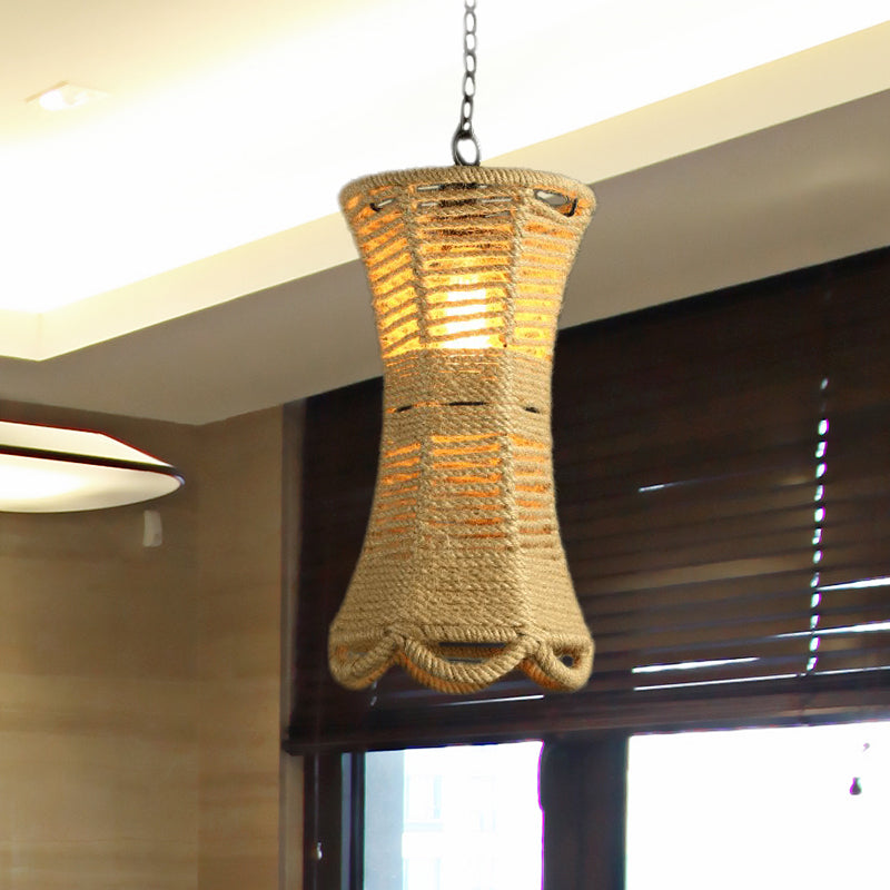 Vintage Beige Radian Pendant Lamp: Hand-Woven, 1-Head, Restaurant Hanging Light Fixture with Rope