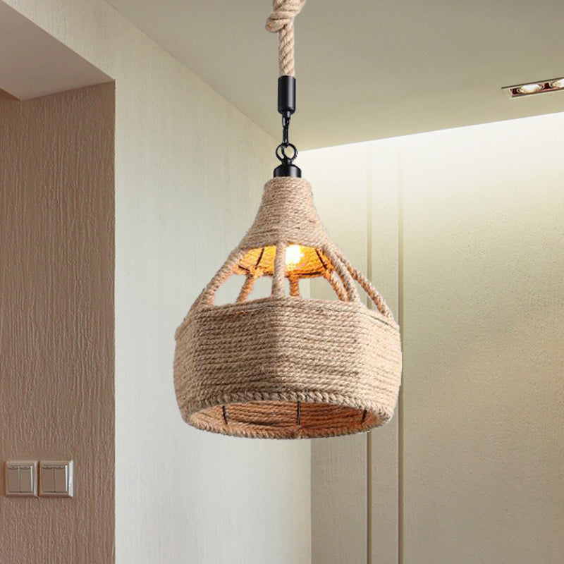 Beige Farmhouse Ceiling Light with Rope Detail - 1-Bulb Pendant Lamp for Coffee Shops - 8" or 15" Wide