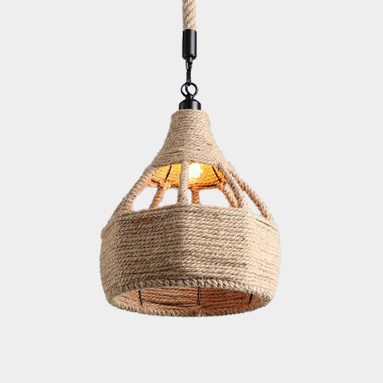 Beige Farmhouse Ceiling Light with Rope Detail - 1-Bulb Pendant Lamp for Coffee Shops - 8" or 15" Wide