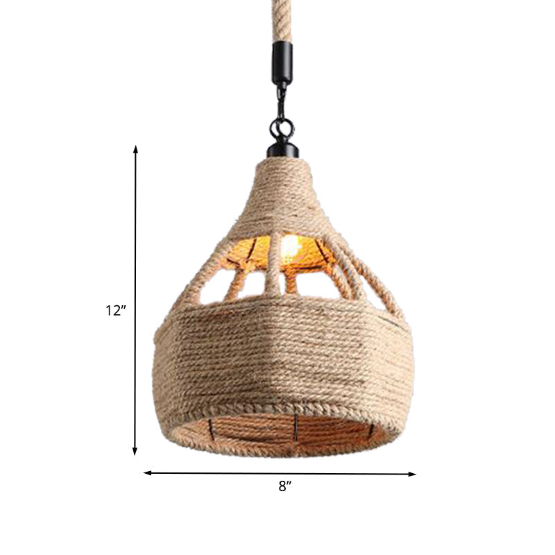 Beige Farmhouse Ceiling Light with Rope Detail - 1-Bulb Pendant Lamp for Coffee Shops - 8" or 15" Wide