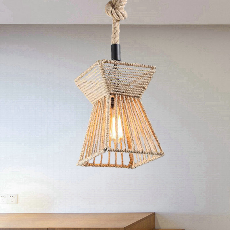 Beige Farmhouse Ceiling Light with Rope Detail - 1-Bulb Pendant Lamp for Coffee Shops - 8" or 15" Wide