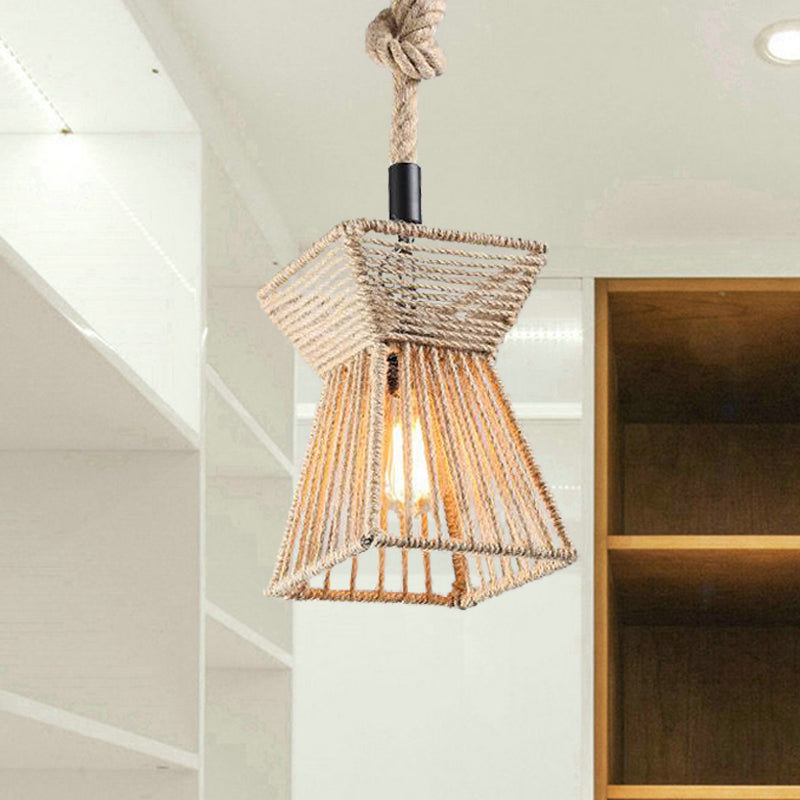 Beige Farmhouse Ceiling Light With Rope Detail - 1-Bulb Pendant Lamp For Coffee Shops 8 Or 15 Wide