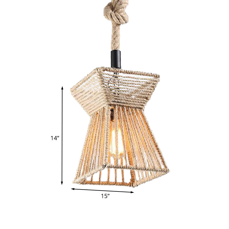 Beige Farmhouse Ceiling Light with Rope Detail - 1-Bulb Pendant Lamp for Coffee Shops - 8" or 15" Wide