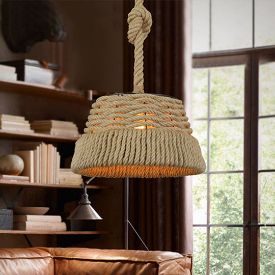 Hand Woven Industrial Tapered Hanging Light Kit - Unique 1 Head Rope Pendant Lamp for Restaurants