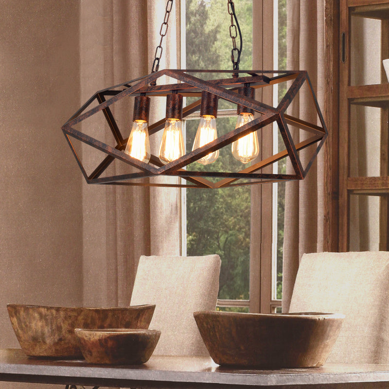 Wrought Iron Geometric Island Pendant Light With Cage Shade - Antique Style And 4 Lights For Dining