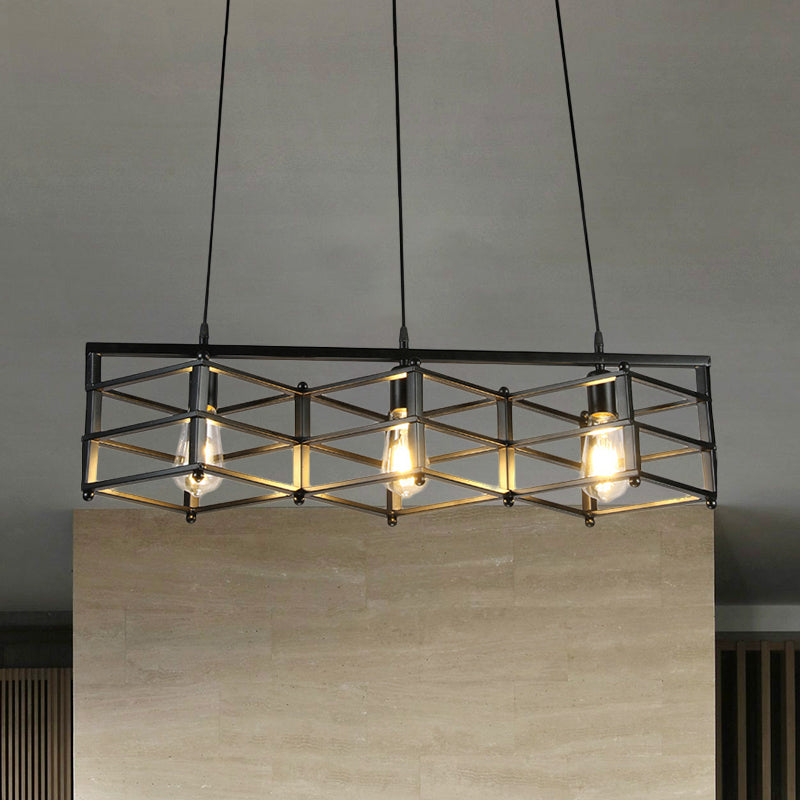 31.5/32 Industrial Metal Island Lighting - 3-Light Dining Room Pendant With Cage Shade Black