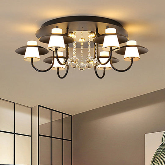 Luxurious Circular Semi Flushmount Ceiling Light with Crystal Ball - 8 Lights, Metallic Black/White for Dining Table