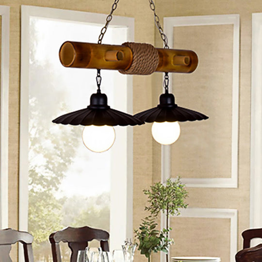 Scalloped Hanging Lamp: 2 Heads Countryside Black Rope And Bamboo Island Lighting For Dining Room