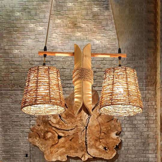 Rustic Rattan Shade Pendant Light Fixture - 2 Bulbs Countryside Island Lighting With Bamboo Design