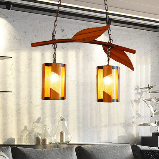 Country Style Crackle Glass Hanging Light With Branch Accent - Brown 2 Lights Ideal For Restaurants