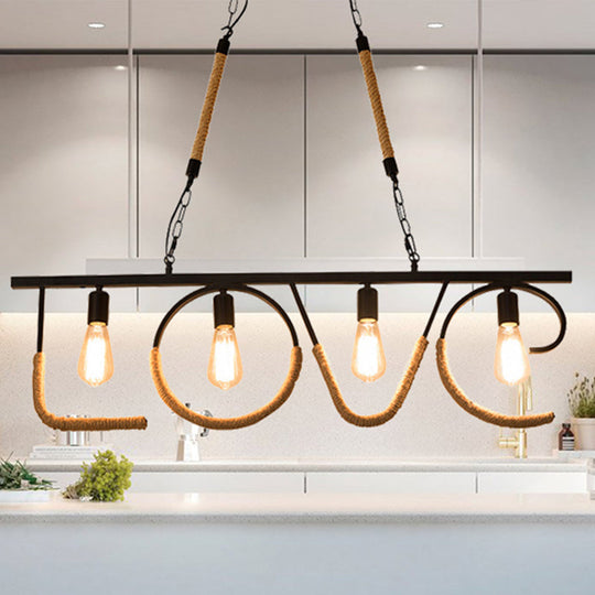 Industrial Metal And Rope Island Lamp With Love Design 4 Bulbs Beige Finish