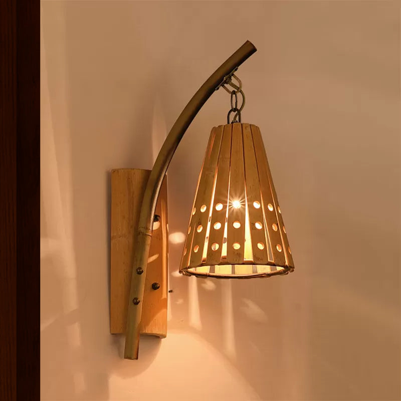 Wood Wall Lamp With Bamboo Cone Shade & Lodge Style Hollow Design - Perfect For Bedroom (Left/Right)