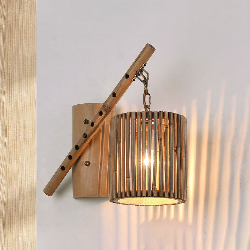 Bamboo Cylindrical Shade Wall Sconce - Asian Style 1 Light Wood Lamp With Flute Decoration