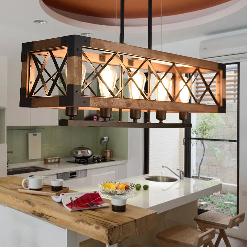 Rustic Loft Pendant Light With Metal And Wood Shades - 5 Bulb Rectangle Design