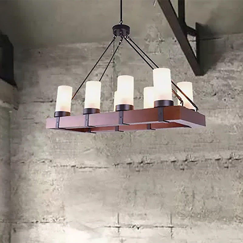 Industrial Multi-Light Pendant With Opal Glass & Black Cylinder Design Includes Wooden Rectangle