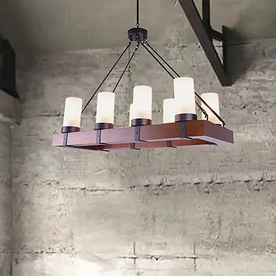 Industrial Multi-Light Pendant With Opal Glass & Black Cylinder Design Includes Wooden Rectangle