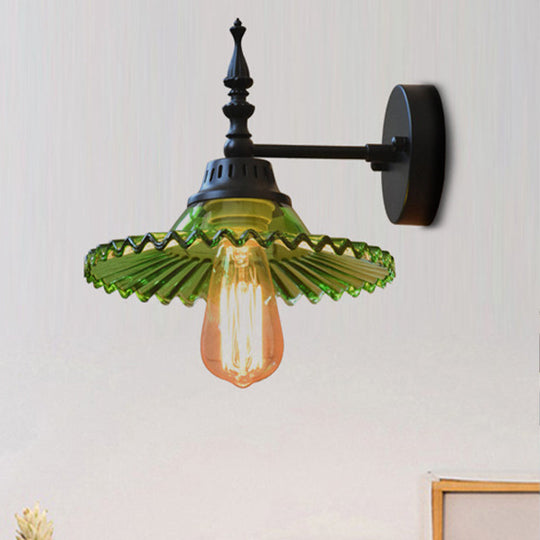 Industrial 1-Light Black Sconce With Clear/Green Glass Cone/Wide Flare For Living Room Wall