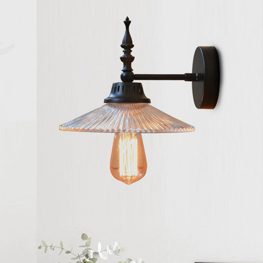 Industrial 1-Light Black Sconce With Clear/Green Glass Cone/Wide Flare For Living Room Wall