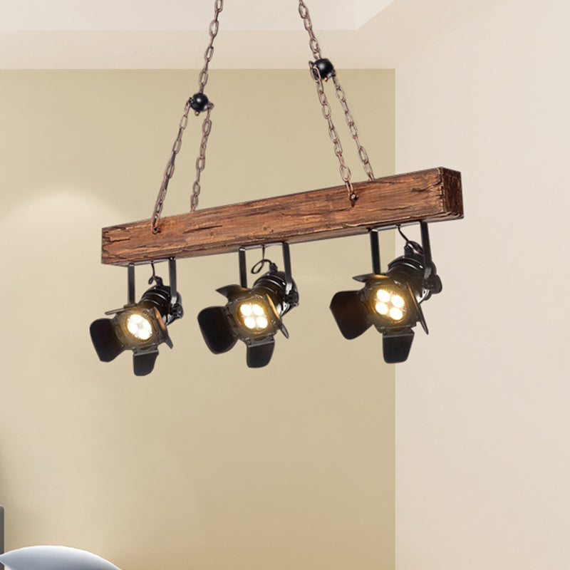 3 Lights Vintage Metal and Wood Island Pendant Light with Wooden Beam in Black