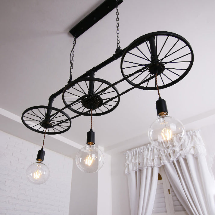 Vintage Industrial Black Island Light With Wrought Iron Wheel Design For Living Room