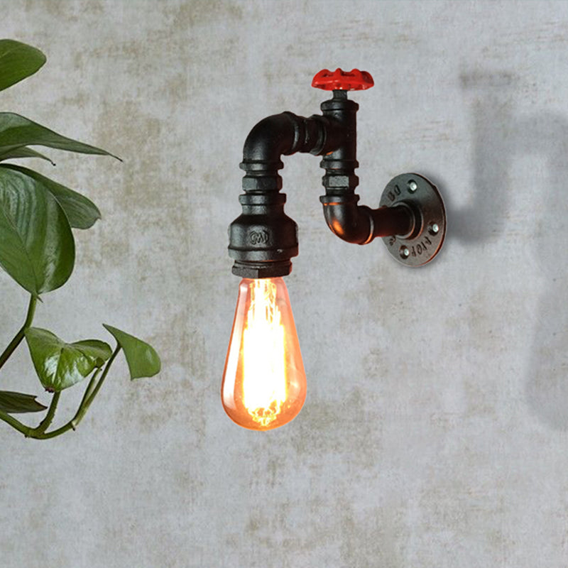 Black Rustic Industrial Wall Sconce Light With Red Faucet Valve For Living Room