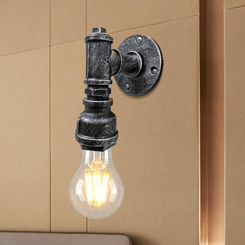 Iron Wall Sconce Lighting - Industrial Black/Aged Silver Indoor Mounted Lamp With Water Pipe 1 Light