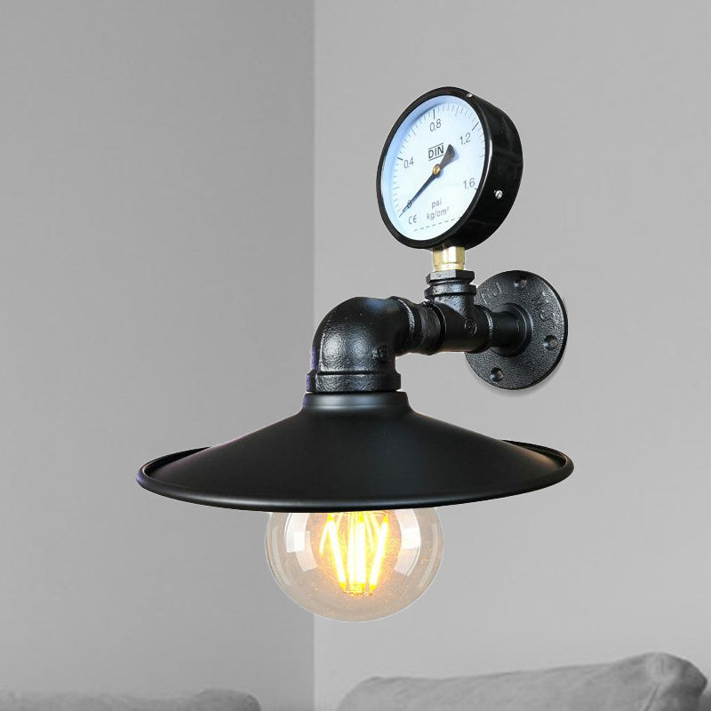 Vintage Industrial Flared Wall Sconce Lamp With Gauge Deco - Black/Copper Metallic