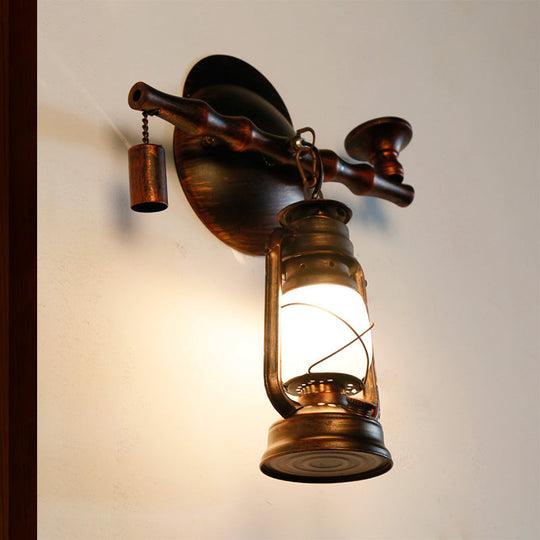 Coastal Opal Glass Lantern Wall Sconce: Antique Copper 1-Light Fixture With Pipe - Dining Room