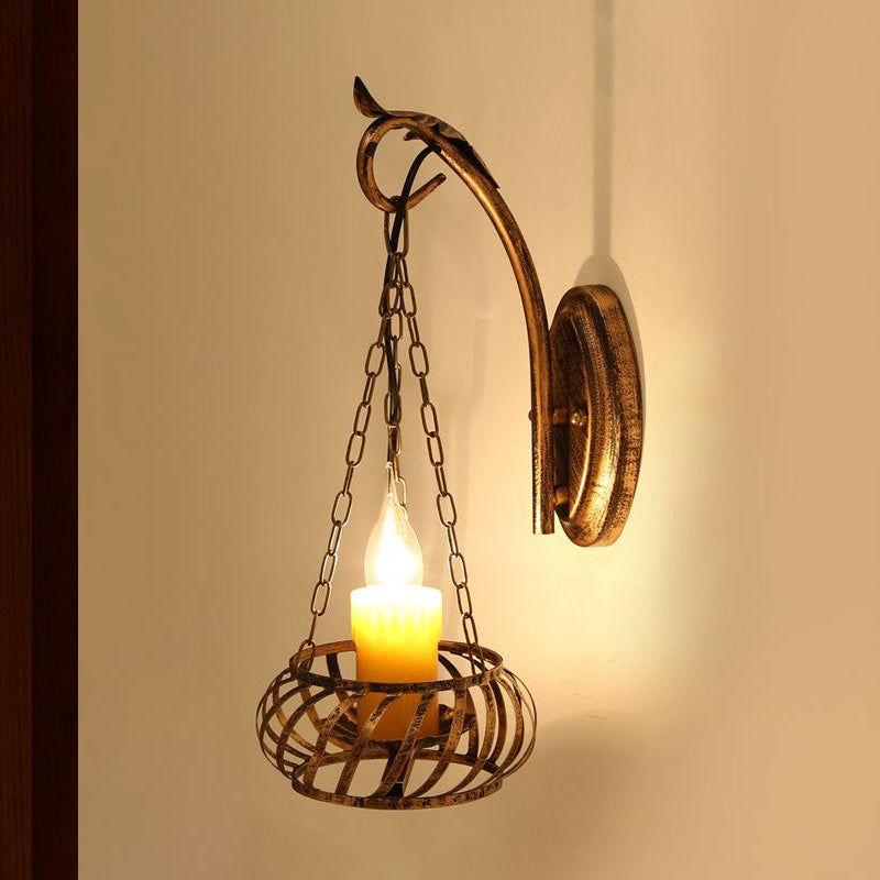 Rustic Wrought Iron Wall Lamp: 1-Light Candle Sconce Lighting For Corridor Bronze Finish